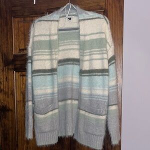 American Eagle Outfitters Striped Open-Front Cardigan - Light Blue, Cream & Sage